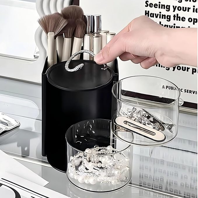 Hair Accessories Organizer with Hair Brush Holder, Rotatable Makeup Brush Holder for Necklaces, Earring, Bracelet, Ring, Makeup Brushes, Hair Clip and Hair Accessories (Black, 2-Layer)