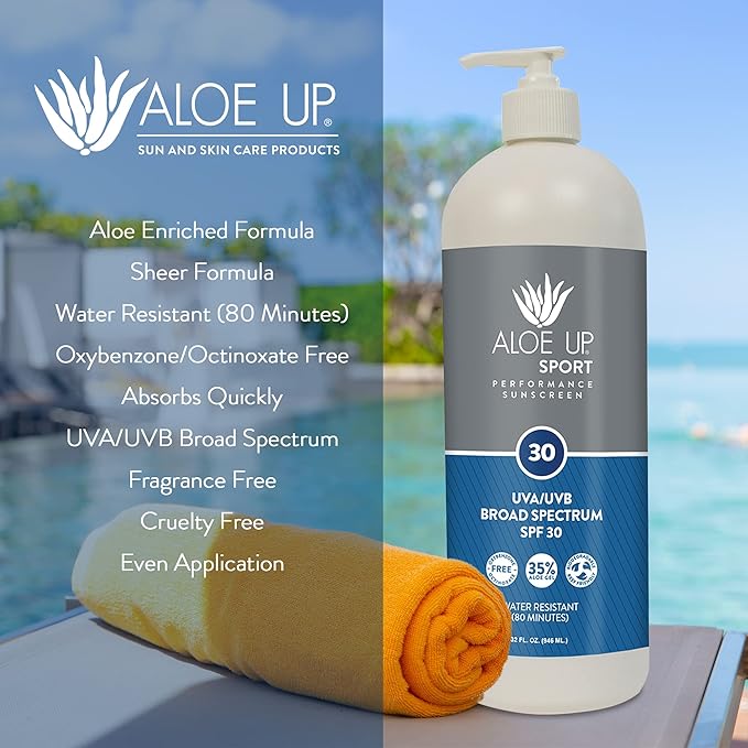 Aloe Up Sport Sunscreen Body Lotion SPF 30 – Broad Spectrum Sunblock with Hydrating Aloe Vera Gel–Non Greasy, No White Cast, Reef Friendly, Water Resistant for up to 80 Minutes,Fragrance Free – 32 Oz