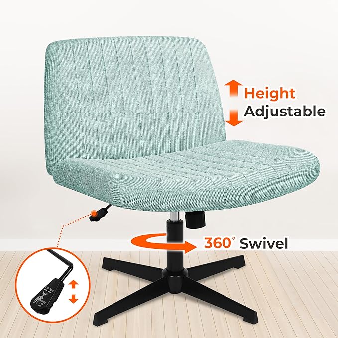 NEO Chair Criss Cross Chair No Wheels Armless Cross Legged Office Desk Wide Comfy Vanity Makeup Chair Adjustable Computer Task for Home Office Fabric (Mint)