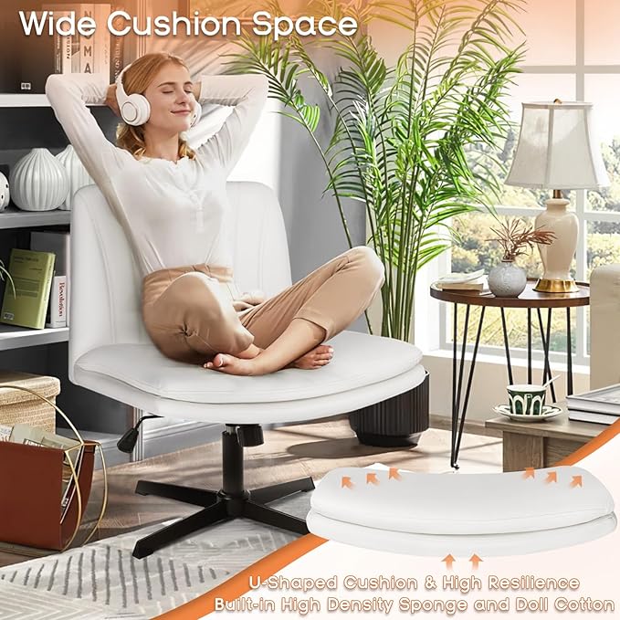 PUKAMI Criss Cross Chair,Comfy Cross Legged Office Desk Chair No Wheels,Modern Fabric Swivel Adjustable Height Mid Back Wide Seat for Home Office Computer (Pu White)
