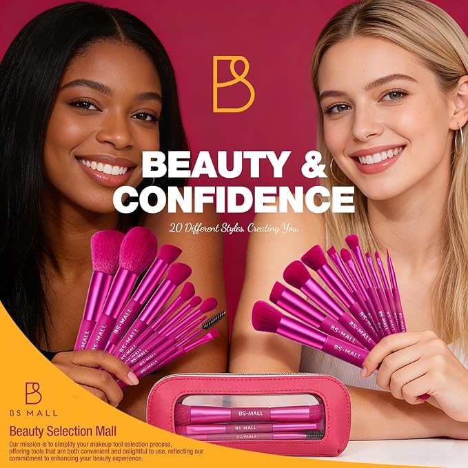 BS-MALL Double-ended Makeup Brush Set With Concealer Brush & Foundation Brush, Eyeshadow Brush- Travel-friendly Multi-purpose Brushes In Makeup Bag For Daily Use (10 PCS Hot Pink)