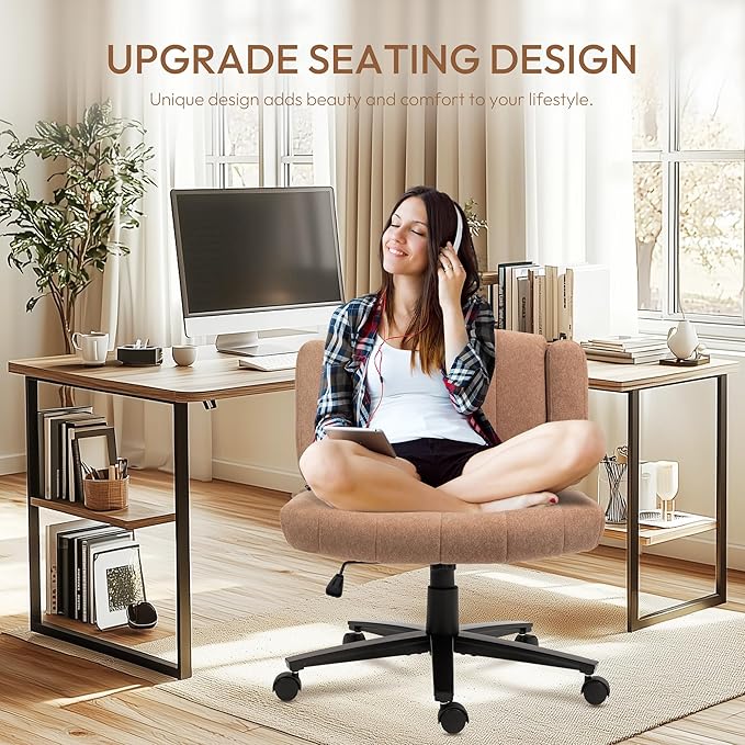 Criss Cross Chair with Wheels – Comfortable Vanity Chair, Wide Rolling Legged Office Chairs Arms, Adjustable Desk Comfy for Home Office, Swivel Task (Brown)