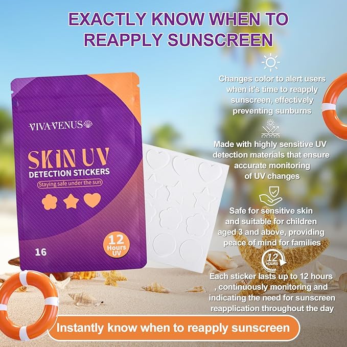 UV Detection Stickers for Sunscreen with advanced UVB and UVA detection technology Preventing Sunburn for Kids and Adults (16Count) Changes Color When Time To Reapply Your SunScreen