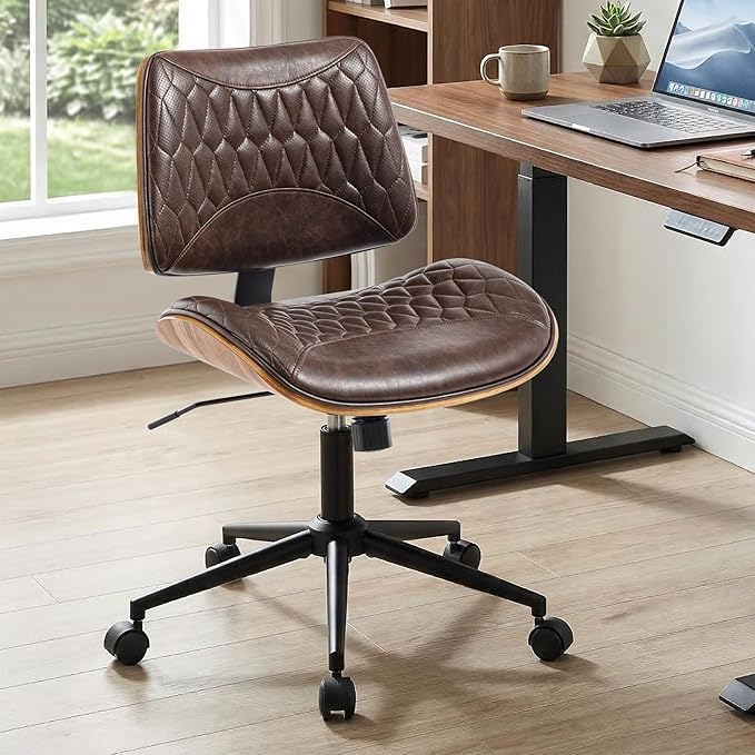 Walnut Bentwood Mid Back Armless Office Chair 1 Pack, Adjustable Height PU Leather Swivel Desk Chair with Wheels, Rolling Computer Task Chair for Home Office, Study, Meeting Room