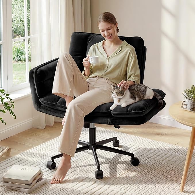 Criss Cross Chair with Wheels, Ergonomic Office Chair with Flip Armrests for Pets, Vanity Chair for Bedroom, Makeup Room and Office Room, Black