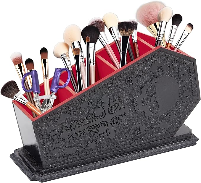 Gothic Coffin Decor Makeup Brush Holder,Spooky Witchy Gifts for Women,Skull Cosmetic Display Cases,Goth Decor Pen Holder, Vanity, Desk, Office Organizer for Christmas Bedroom Bathroom (Red)