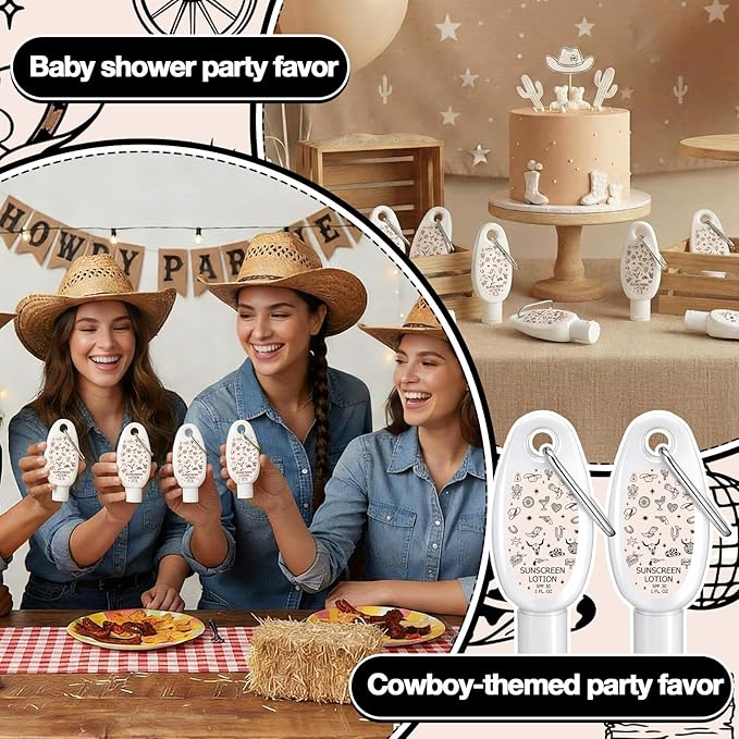 Leelosp 30 Pcs Mini Sunscreen with Carabiner Bulk Travel Size 1 Fl oz Water Resistant Spf 30 Sunblock Lotion Party Favors for Guests Western Cowboy Rodeo Cowgirl Birthday Bachelorette Gifts