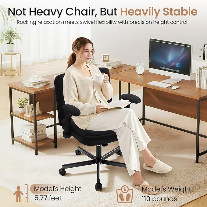 Criss Cross Office Chair with Wheels - Wide Seat Criss Cross Desk Chair with Flip-up Arms and Thick Cushion - Comfy Tilting Swivel Rolling Vanity Chair for Home Office Bedroom Apartment