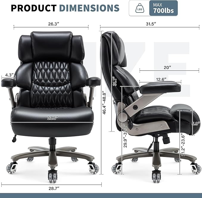 Big and Tall Office Chair 700lbs- Large High Back Executive Computer Desk Chair with 3D Flip-Up Arms, Adjustable Lumbar Support, Extra Wide Plus Size Seat, Heavy Duty Metal Base & Quiet Rubber Wheels