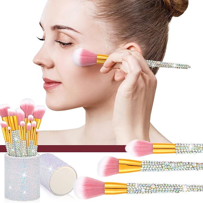 Rtteri 13 Pcs Rhinestone Silver Makeup Brushes Set Yellow Bling Crystal Professional Face Cosmetics Blending Liquid Foundation Powder Concealer Eye Shadows Make up Beauty Tool Glitter with Holder