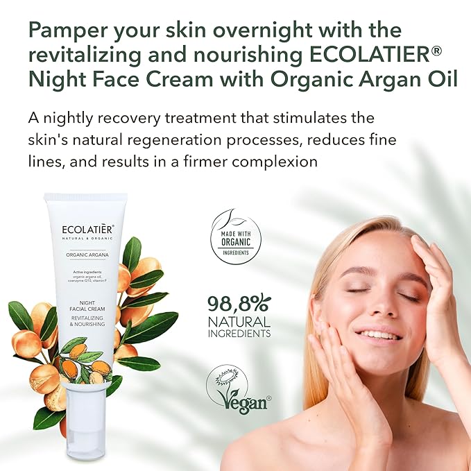 Night Cream with Organic Argan Oil – Revitalizing & Nourishing, Anti-Aging Face Moisturizer with Vitamin C, Vegan, 97.7% Natural Ingredients, 1.7 Fl Oz - ECOLATIER