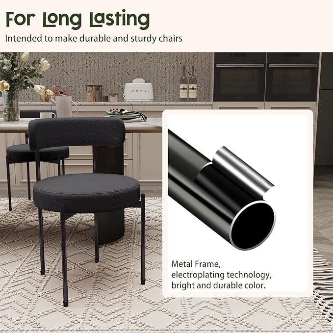 Boucle Dining Chairs Set of 4 Teddy Upholstered Dining Room Chairs Kitchen Chair with Metal Legs Mid Century Modern Chair for Dining Room, Kitchen (Black Frame+Black, 4)