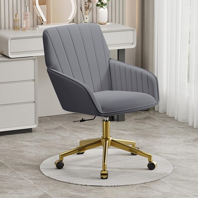 YISHENG Velvet Office Desk Chair with Gold Base, with Wheels,Modern Height Adjustable 360 Degree Swivel Upholstered Vanity Chairs with Arms for Living Room Bedroom，Gray