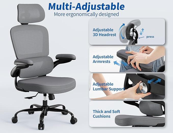 TRALT Ergonomic Office Chair - Desk Chair with Adjustable Headrest Lumbar Support Computer Chair - Mesh Comfy Chair with Flip-up Armrests - Gaming Chairs for Adults Home Office (Leather, Dark Grey)