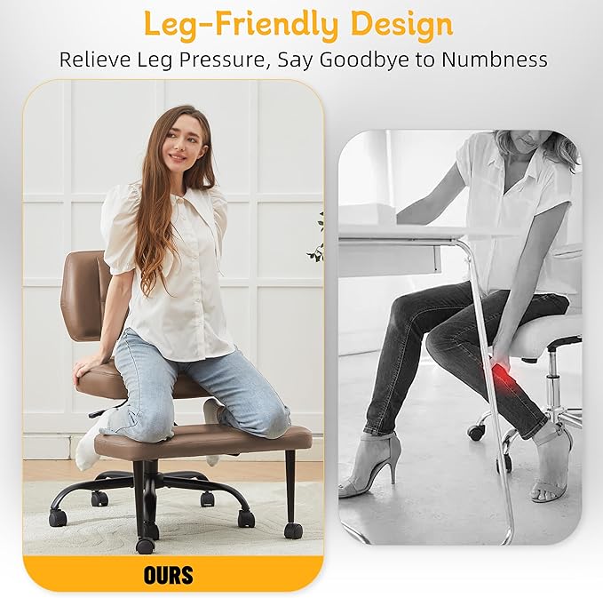 Criss Cross Legged Office Chair with Wheels,Swivel Meditation Chair for ADHD,Ergonomic Cross Legged Desk Chair with Thicken Adjustable Footstool,PU Sitting Fidgeting Kneeling Chair for Home Yoga Brown