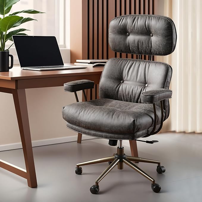 ovios Ergonomic Office Chair, High Back Faux Leather Executive Chairs with Thick Cushion, Comfy Mid-Century Modern Swivel Rolling Computer Armchair (Dark Grey, Suede Leather)