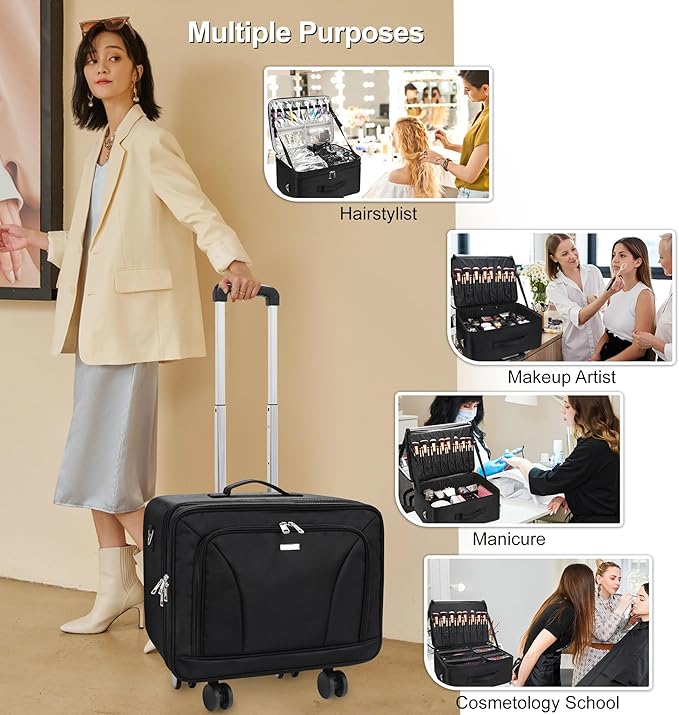 Relavel Extra Large Makeup Case Rolling Travel Train Case with 360° Spinner Wheels, 3 Layer with Insulation Compartment & Four Clear Storage Bags, Professional Makeup Artist Bag Set, Black