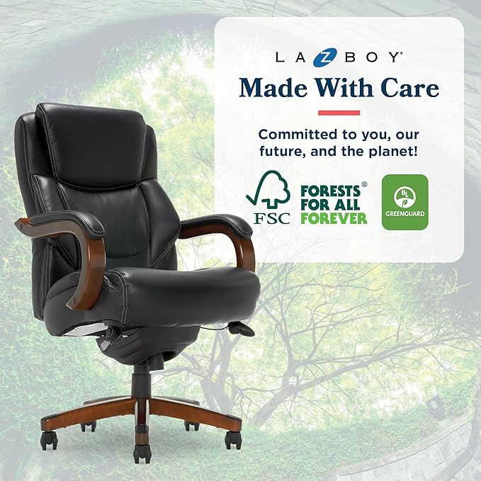 La-Z-Boy Delano Big and Tall Executive Office Chair - Ergonomic Lumbar Support Memory Foam - Bonded Leather Desk Chair for Home Office - Mahogany Wood Arms - Black