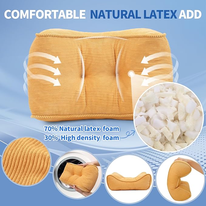 Lumbar Support Pillow for Office Chairs, Bite-Size Natural Latex Foam Back Support Pillow for Lower Back Pain Relief, Soft & Support Corduroy Desk Chair Cushion, M, Yellow