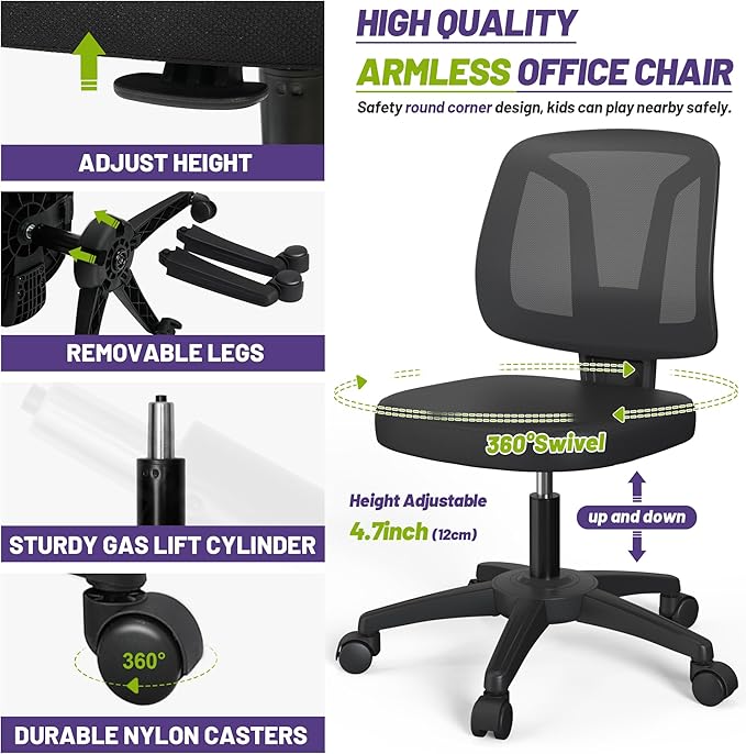 Swivel No Arms Small Home Desk Chair for Computer with Height Adjustable Lumber Support and Rotatoable Wheels for Small Spaces