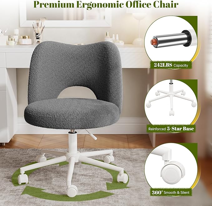Vanity Chair with Wheels Armless, Cute Vanity Chair with Back,Ultra-Plush Fleece Cute Desk Chair, Small Office Chair Height Adjustable,for Make-up Room,Bedroom,Grey