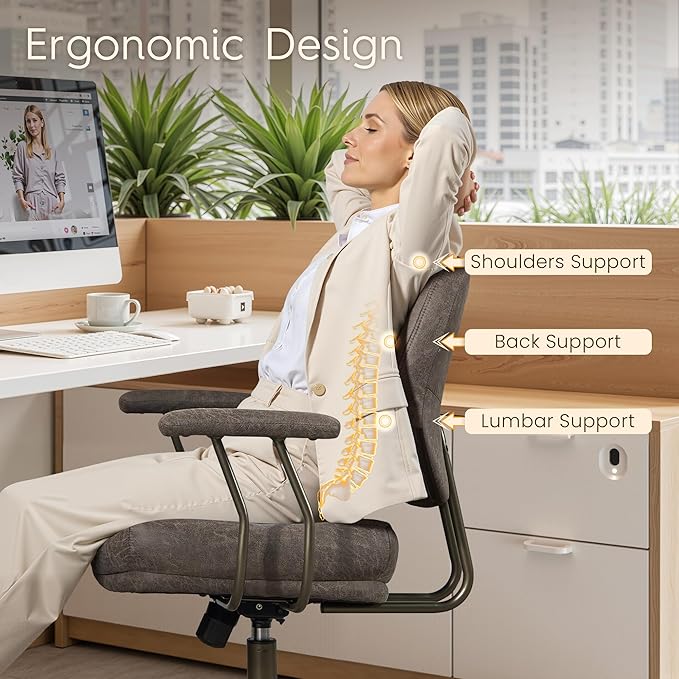 HOOOWOOO Ergonomic Office Chair,Mid Century Modern Computer Desk Chair,Comfy Executive Chair with Extra Wide Tufted Cloudy Seat Lumbar Support Rocking Back,Suede Leather Grey