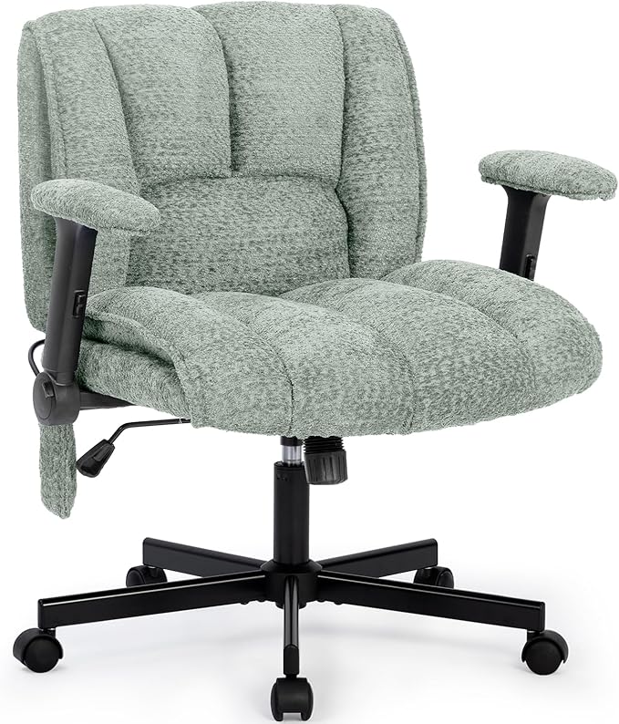 Criss Cross Legged Office Chair with Flip-Up Arms and Wheels, Wide Seat Desk Chair with Built-In Dynamic Airbag Lumbar Support, Modern Cross-Leg Chair for Home Office, Apartment, Vanity, Light Green