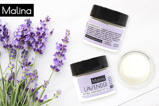 Malina™ Organic Lavender Natural Sunscreen | SPF 30+ | Nontoxic | Baby-Safe | Reef-Safe | No Preservatives | No Synthetic Fragrance | Made With Pure Essential Oil (0.5 Fl Oz)