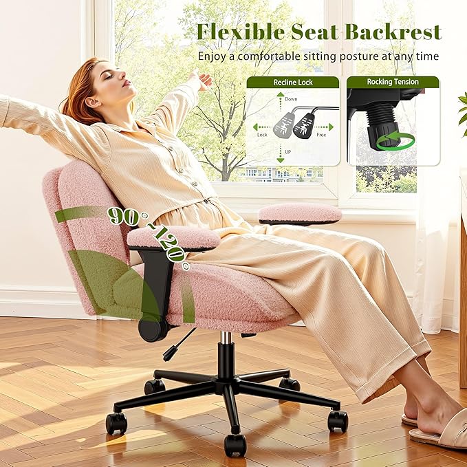 Cross Legged Office Chair with Flip-Up Arms,Oversized Criss Cross Chair with Wheels,Wide & Extra-Deep Seat Thickened for Home Office,Vanity, Bedroom,Apartment Dorms,Plush Cushion,Comfy,Pink