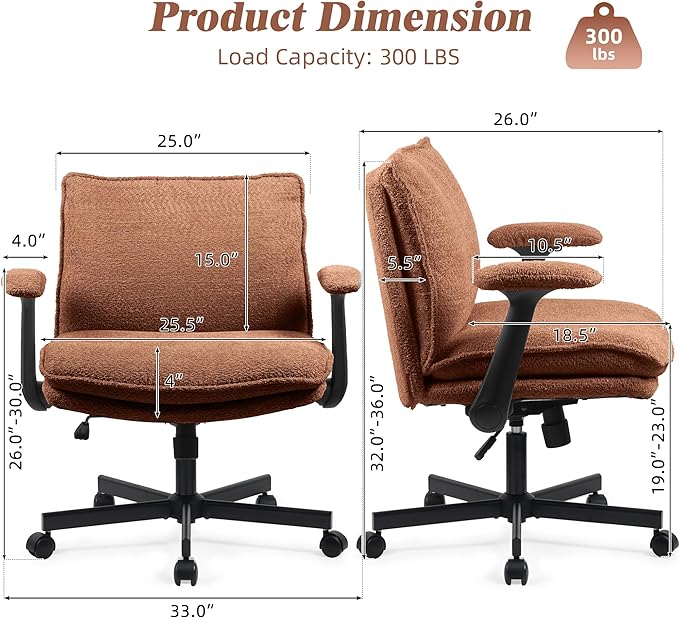 Criss Cross Legged Office Chair with Wheels and Flip-Up Arms, Upholstered Criss Cross Desk Chair, Wide Seat Chairs for Home Office, Vanity, Apartment, Orange