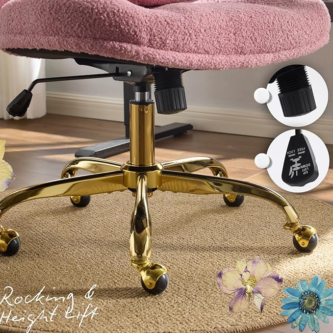 VINGLI Wide Criss Cross Legged Office Chair,Buttprint Ergonomic Desk Chair Comfy with Pillow&Gold Base,Dual-Use with/no Wheels,Adjustable Vanity Swivel Chair for Bedroom,Home Office,Teddy Plush,Purple