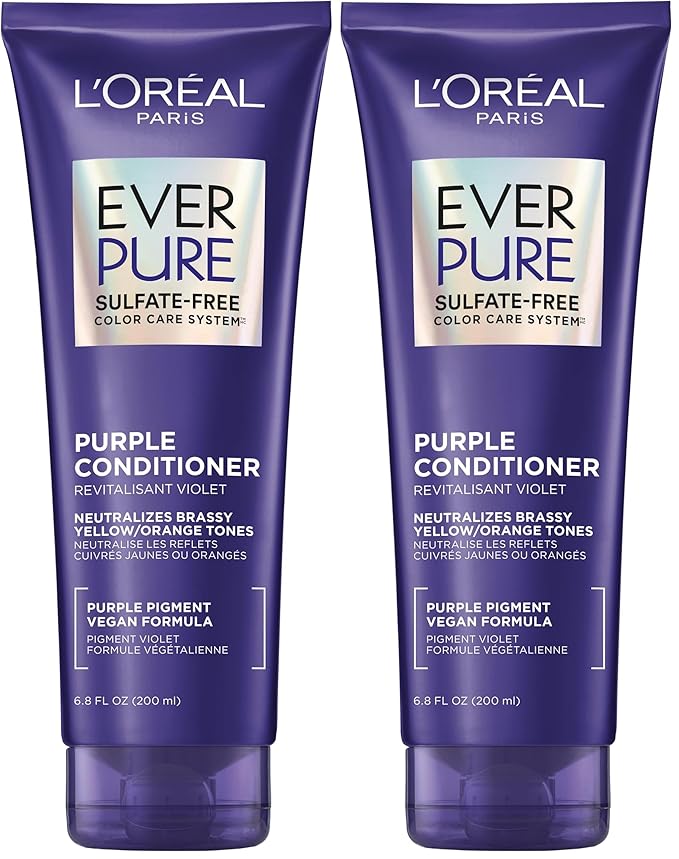 L’Oreal Paris Sulfate Free Brass Toning Purple Conditioner for Blonde,Bleached,Silver,or Brown Highlighted Hair,EverPure,6.8 Fl Oz (Packaging May Vary),(Pack of 2)