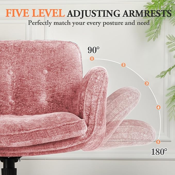 Criss Cross Chair with Wheels & Arms, Chenille Cross Legged Office Chair with 5-level Folding Armrest, Comfortable Adjustable Swivel Vanity Chair for Home, Make Up, Bed Room, Office, Accent (Pink)