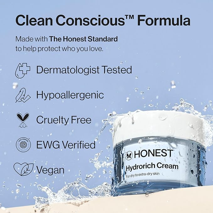Honest Beauty Hydrorich Cream with Hyaluronic Acid + Mushroom Complex, Clinically Tested for Dry Skin, Dermatologist Tested, Hypoallergenic, Vegan, EWG Verified