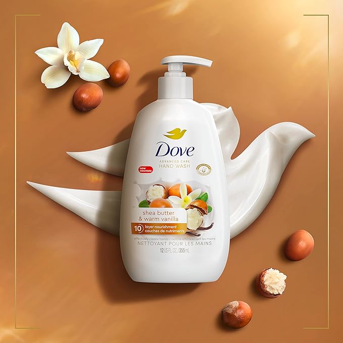 Dove Advanced Care Hand Wash Shea Butter & Warm Vanilla for Soft,Smooth Skin,More Moisturizers than the Leading Ordinary Hand Soap,12 oz,(Pack of 8)