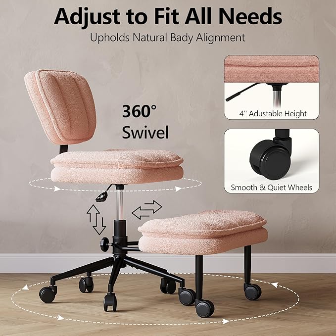 AODAILIHB Ergonomic Cross Legged Office Chair with Pull-Out Stool, 360° Swivel Teddy Fabric Meditation Chair with Wheels, Height Adjustable Kneeling Chair with Lumbar Support for Home Office, Pink