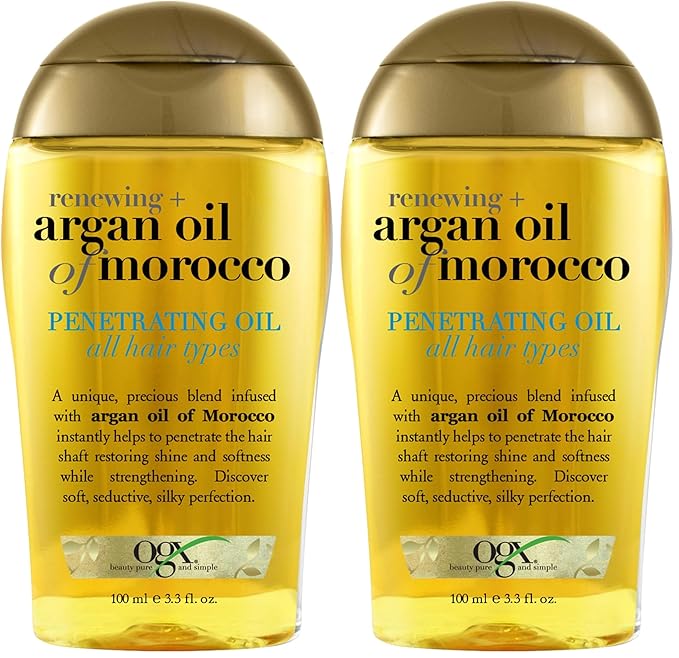 OGX Renewing + Argan Oil of Morocco,Cold-Pressed Argan Oil for Hair Penetrating Treatment & Shine,Moisturizing & Strengthening Silky-Oil for All Hair Types,Paraben-& Sulfate Free,3.3 fl oz,(Pack of 2)