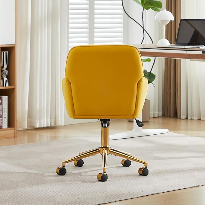 YITAI Velvet Office Desk Chair with Wheels and Gold Base,Modern Height Adjustable 360 Degree Swivel Upholstered Vanity Chairs with Arms for Living Room Bedroom, Study,Yellow
