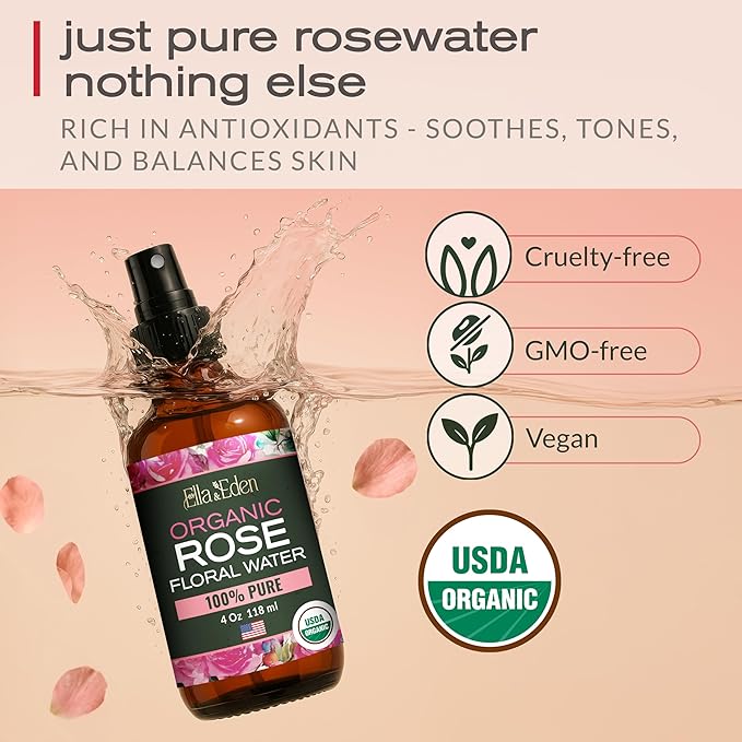 Ella & Eden Organic Rose Water Spray for Face & Organic Argan Oil for Hair & Skin | USDA Certified, Unrefined, 100% Pure, Hexane-Free, 4oz