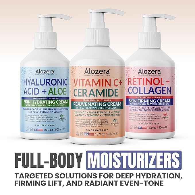 Alozera Vitamin C Ceramide Moisturizer Cream, Rejuvenating Face & Body Lotion with Plant Stem Cell, Helps Brighten and Even Skin Tone, Non-Greasy, Lightweight, Fragrance-Free, 16.9 oz (2-Pack)