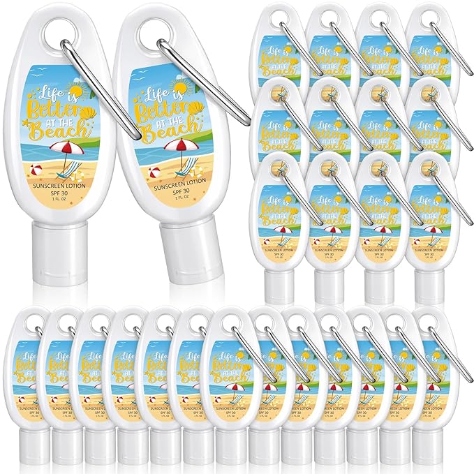 Leelosp 30 Pcs Mini Sunscreen with Carabiner Bulk Travel Size 1 Fl. oz. Spf 30 Water Resistant Mini Sunblock Lotion with Clip Summer Beach Party Favor for Wedding Bridal Shower Vacation Gifts
