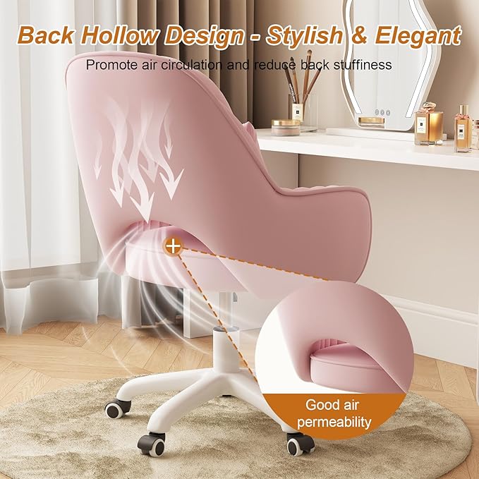 Home Office Chair Velvet Vanity Chairs Makeup Desk Chair with Wheels Mid Back Computer Chairs Height Adjustable Swivel Rolling Task Chair for Living Room, Bedroom, Office