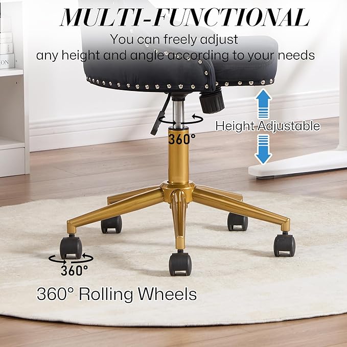Velvet Armless Home Office Desk Chair, Swivel Height-Adjustable Small Cute Vanity Chair for Women/Girls, Comfy Makeup Chair with Rivet and Gold Base for Living Room, Bedroom(Black)