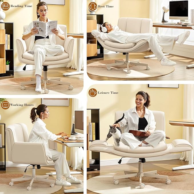Criss Cross Chair with Wheels & Armrests,Comfy Wide Vanity Chair,Scratch-Resistant Pu Leather Cross Legged Desk Chair,Height Adjustable Computer Office Desk Chairs for Home,Makeup,Bedroom