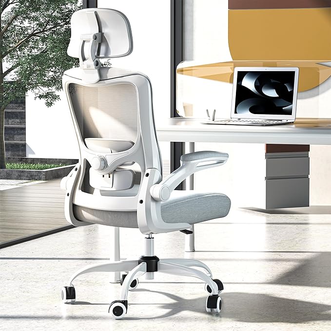 Ergonomic Office Chair, High Back Mesh Desk Chair with Adjustable Lumbar Support & Headrest, Flip-up Armrest, Computer Task Chairs for Home and Executive Office (W-Grey)