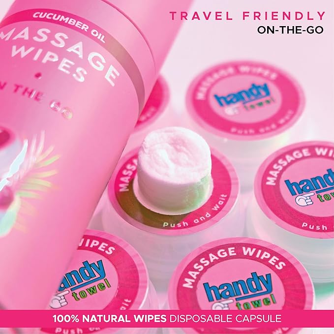 Handy Towel Body Care Massage Wipes Boost Blood Flow with Rubbing, Revitalization Hydrating Cucumber Oil Travel Size Magic Towelettes, Body Relaxation Skin Revitalization Individual Capsules, 8 Count