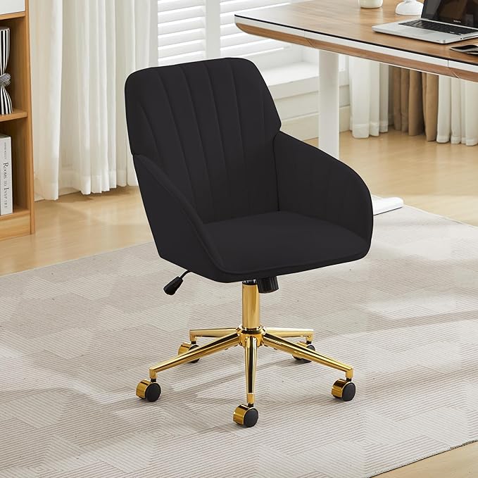 YITAI Velvet Office Desk Chair with Wheels and Gold Base,Modern Height Adjustable 360 Degree Swivel Upholstered Vanity Chairs with Arms for Living Room Bedroom, Study,Black