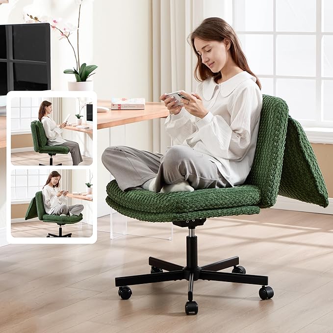 Fizzin Criss Cross Chair,Armless Cross Legged Chair with Wheels,Memory Foam Seat Office Desk Chair with Flipable Back Cushion,Mid Back Swivel Chair for Home Office,Bedroom Vanity (Green)