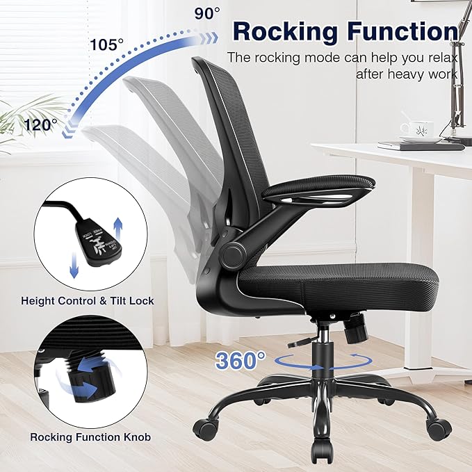Ergonomic Office Chair, Mesh Computer Chairs with Lumbar Support, Swivel Desk Chair with Flip-up Arms and Adjustable Height, Black Pack of 4
