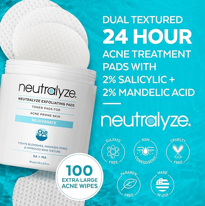 Neutralyze Exfoliating Acne Treatment Wipes - Maximum Strength, Textured Acne Pads with Mandelic Acid & Salicylic Acid for Face & Body - Suitable for All Skin Types, Teens & Adults (100 Wipes)